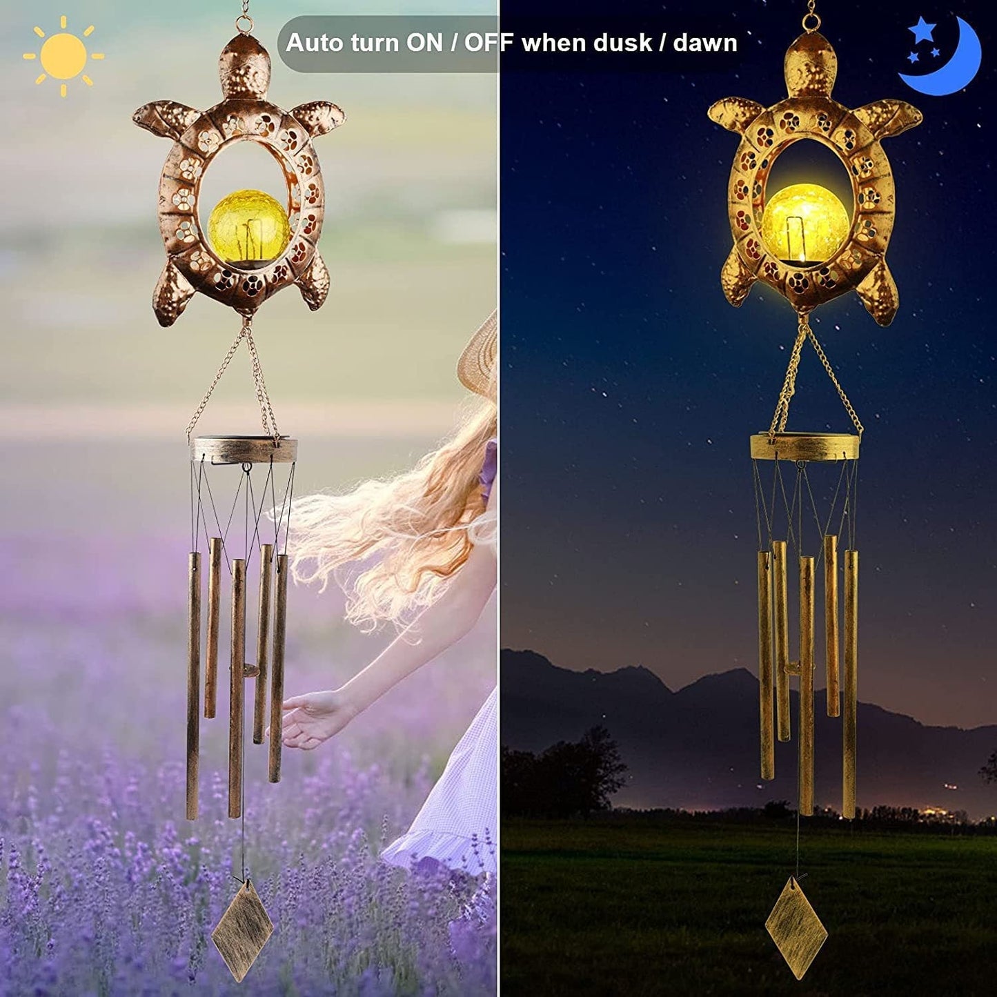 Solar Powered Sun and Moon Shaped Metal Pendant / LED Pattern Outdoor Decoration
